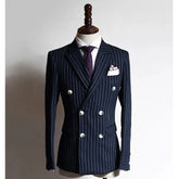 Stripe Business Formal Men Suits with Double Breasted 2 Pcs Custom Navy Blue Groom Wedding Tuxedos Male Fashion Jacket with Pant Navy Blue